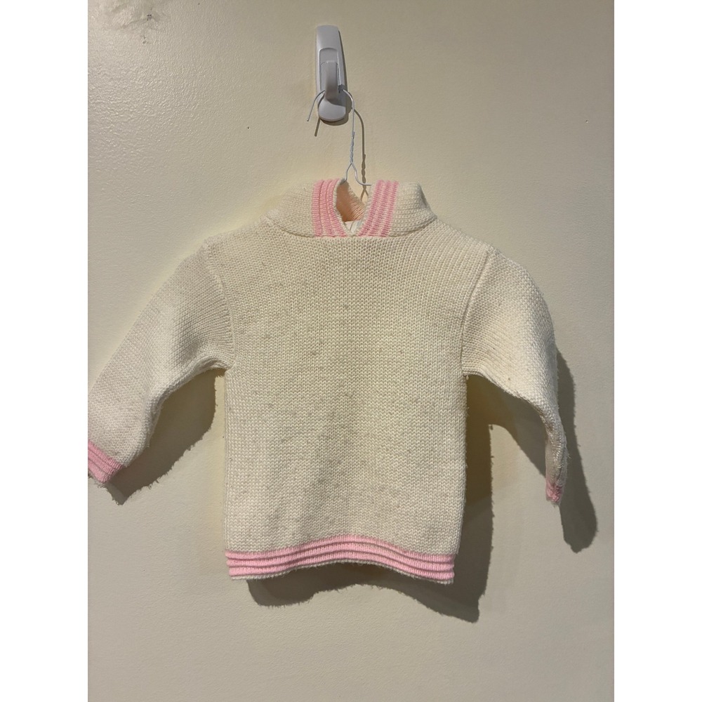 Vintage Julius Berger Kids Knit Hoodie Cream Pink Back Zip Sweater USA Made